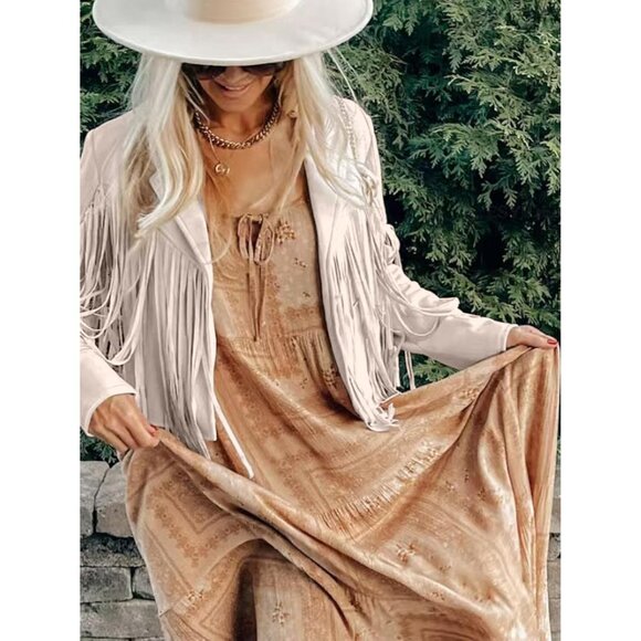 Women's Beige Trendy Fall Western Fringe Cropped Faux Suede Leather Jackets - Picture 5 of 5